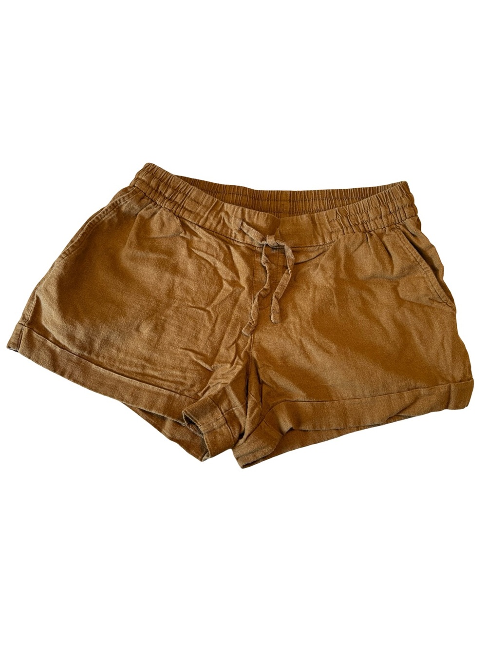 Old Navy Mid Rise Linen-Blend Drawstring Shorts Brown Camel Cuffed